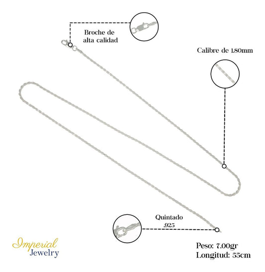 Cadena Torsal De Plata Ley 925 Diamantada De 55 Cm De 2mm