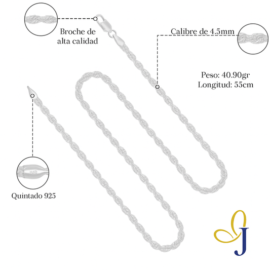 Cadena De Plata 925 Estilo Torsal De 55 Cm Calibre 4.5 Mm