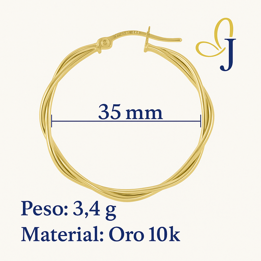 Arete Arracada Con Tubos Lisos Torcidos De Oro 10k, 35Mm