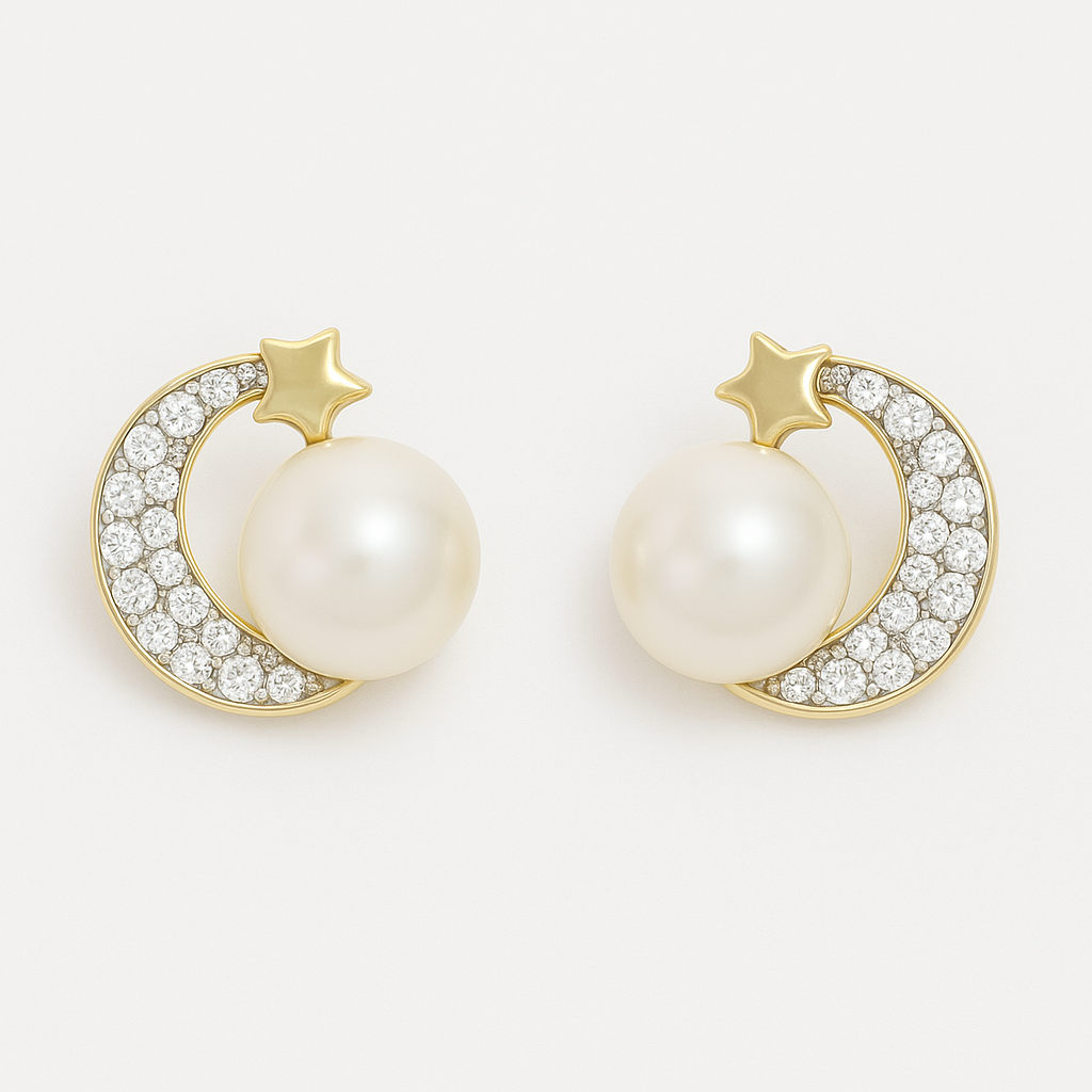 Aretes De Luna En Oro De 10k Con De Zirconia Y Perla