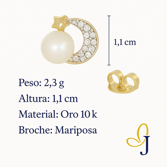 Aretes De Luna En Oro De 10k Con De Zirconia Y Perla