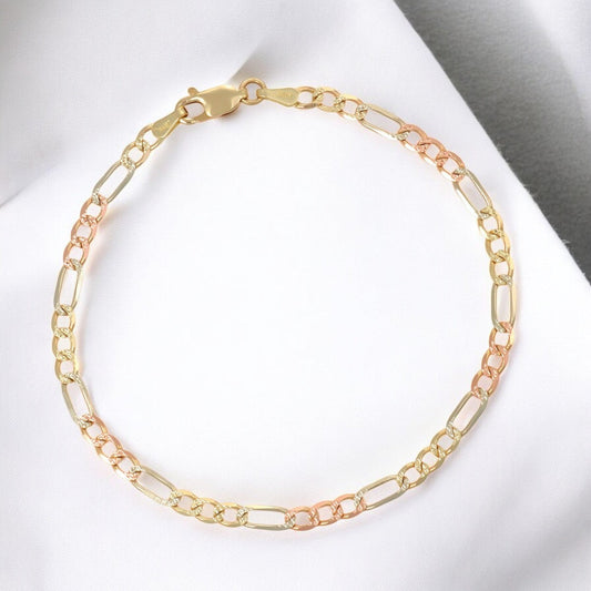 Pulsera Italiana 3x1 Tricolor De 10 Quilates 3.3mm, 18.5cm