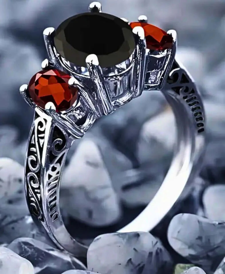 Anillo S925 Ley Circonita Negra y Roja Cerrado Calenbi