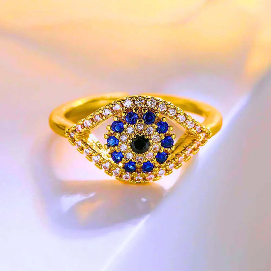 Anillo Acero Inoxidable Circonita Blanco y Azul Chapa Oro 14K Ajustable Calenbi