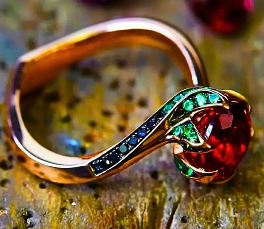 Anillo Cobre "Flor Eterna" Circonita Cubica Roja Chapa Oro Rosa 10k