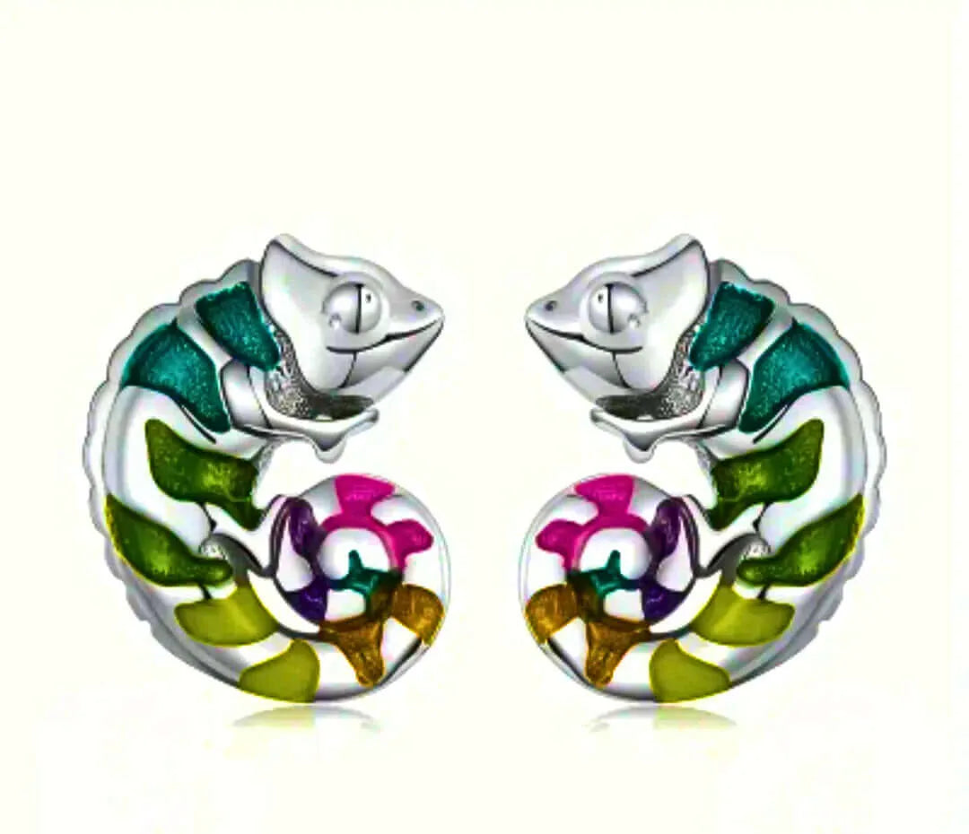 Aretes Plata Esterlina 925 Camaleón Recina Epoxica Inserción