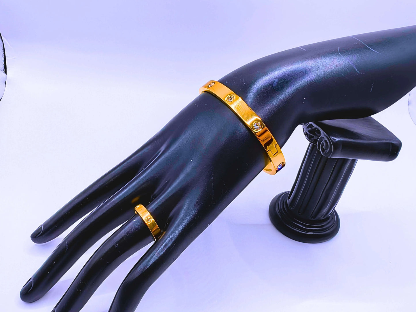 Pulsera y Anillo Acero Inoxidable Broche Chapa Oro 10k Circonita Cubica Blanca Calenbi