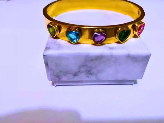 Pulsera Acero Inoxidable Circonita Cubica Corazónes Chapa Oro 12k Calenbi