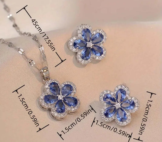Collar y Aretes Acero Inoxidable Circonita Cubica Flor Azul Calenbi