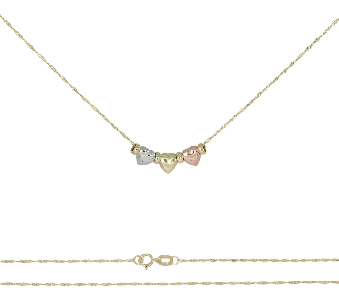 Gargantilla De Oro De 14k De Tres Corazones Inflados Y Aros