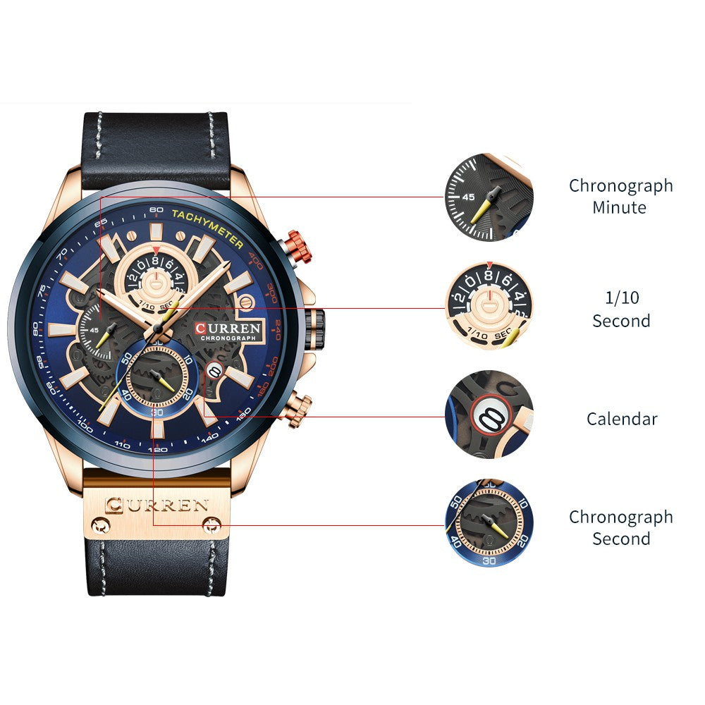 Reloj Curren Multifuncional True Tres Ojos Cronógrafo Correa De Cuero Impermeable 8380 XS