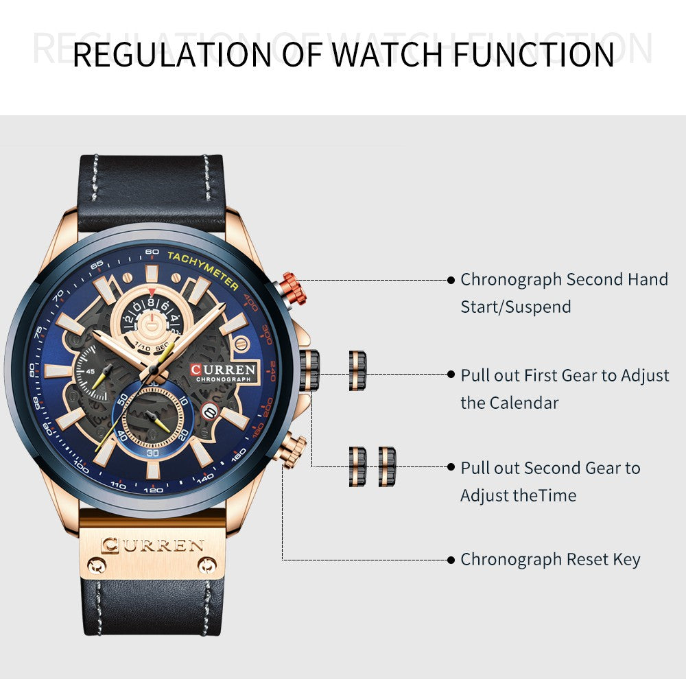 Reloj Curren Multifuncional True Tres Ojos Cronógrafo Correa De Cuero Impermeable 8380 XS