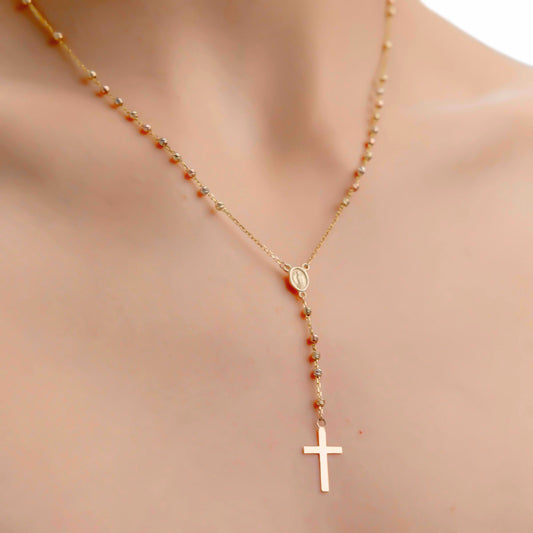 Rosario De Oro De 14 Quilates Con Bola 3 Tricolor 50cm