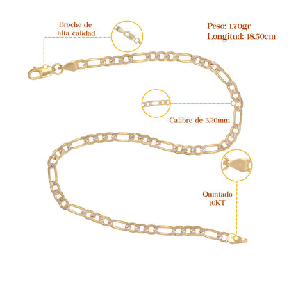 Pulsera Italiana Figaro Pave De 10 Quilates 3.2mm, 18.5 Cm