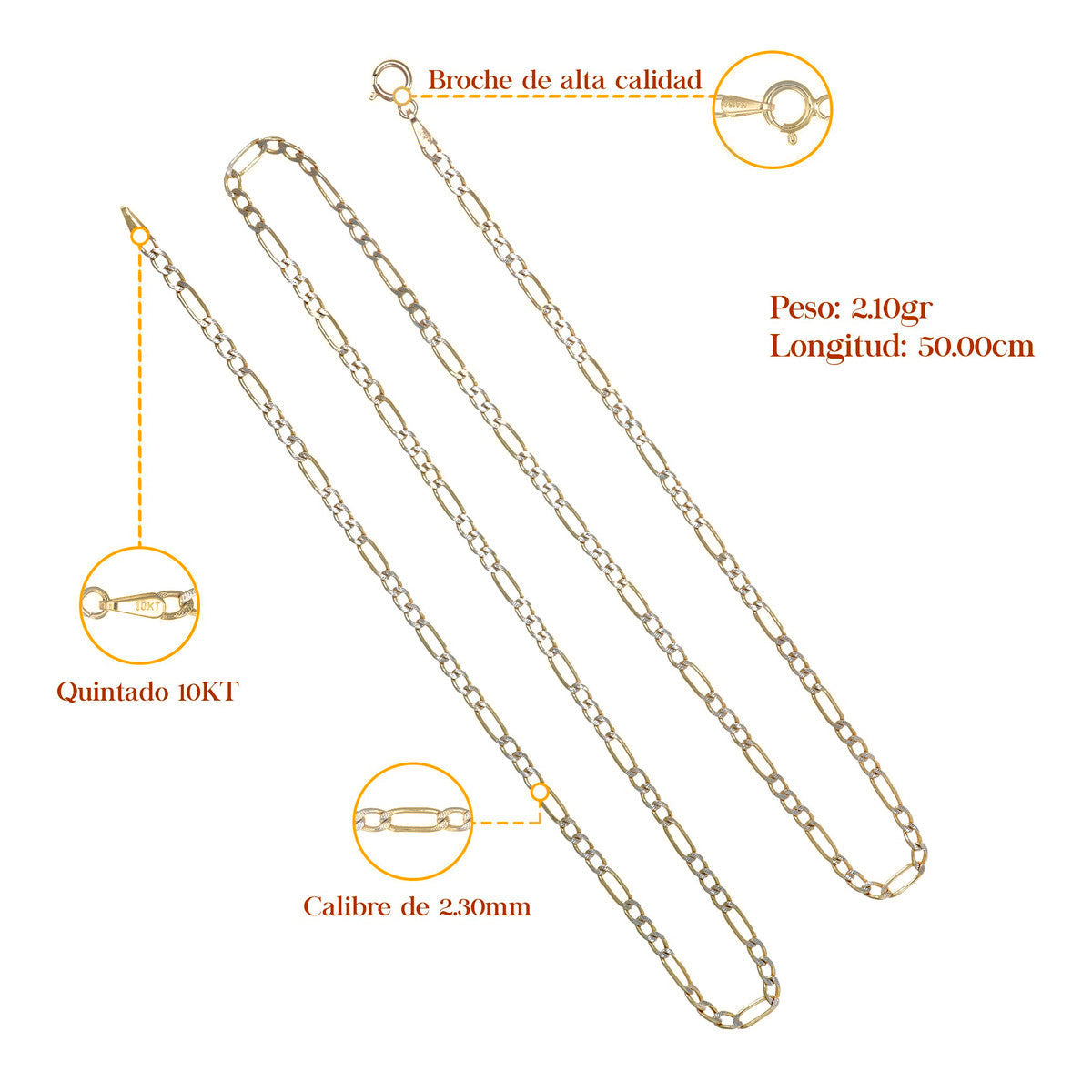 Cadena De Oro Italiano 10k Figaro 3x1 Pave 50 Cm 2.3mm