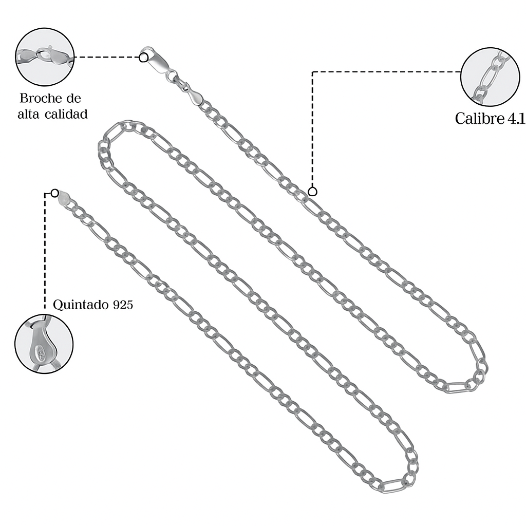 Cadena De Plata 925 Estilo 3x1 Figaro Calibre 4.1mm en 5 colores
