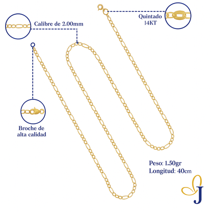 Cadena De Oro Hombre Italiana Figaro 14k Calibre 2 Mm