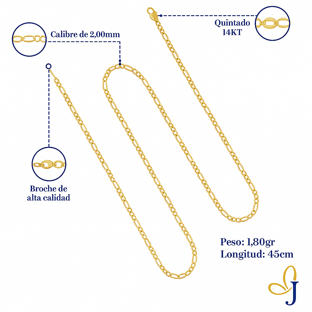 Cadena De Oro Hombre Italiana Figaro 14k Calibre 2 Mm