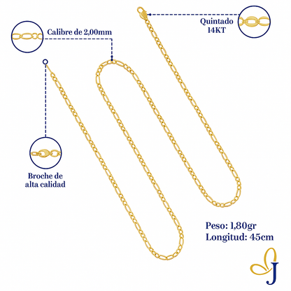 Cadena De Oro Hombre Italiana Figaro 14k Calibre 2 Mm