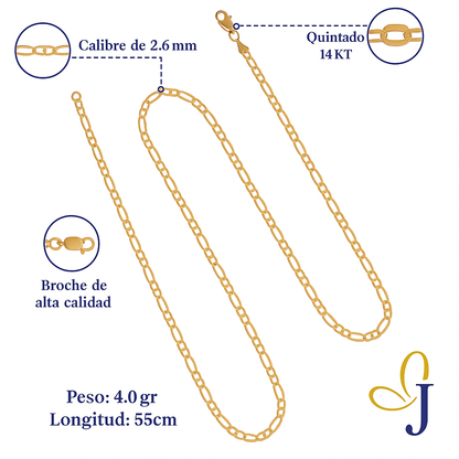Cadena De Oro Hombre Italiana Figaro 14k Calibre 2.6 Mm