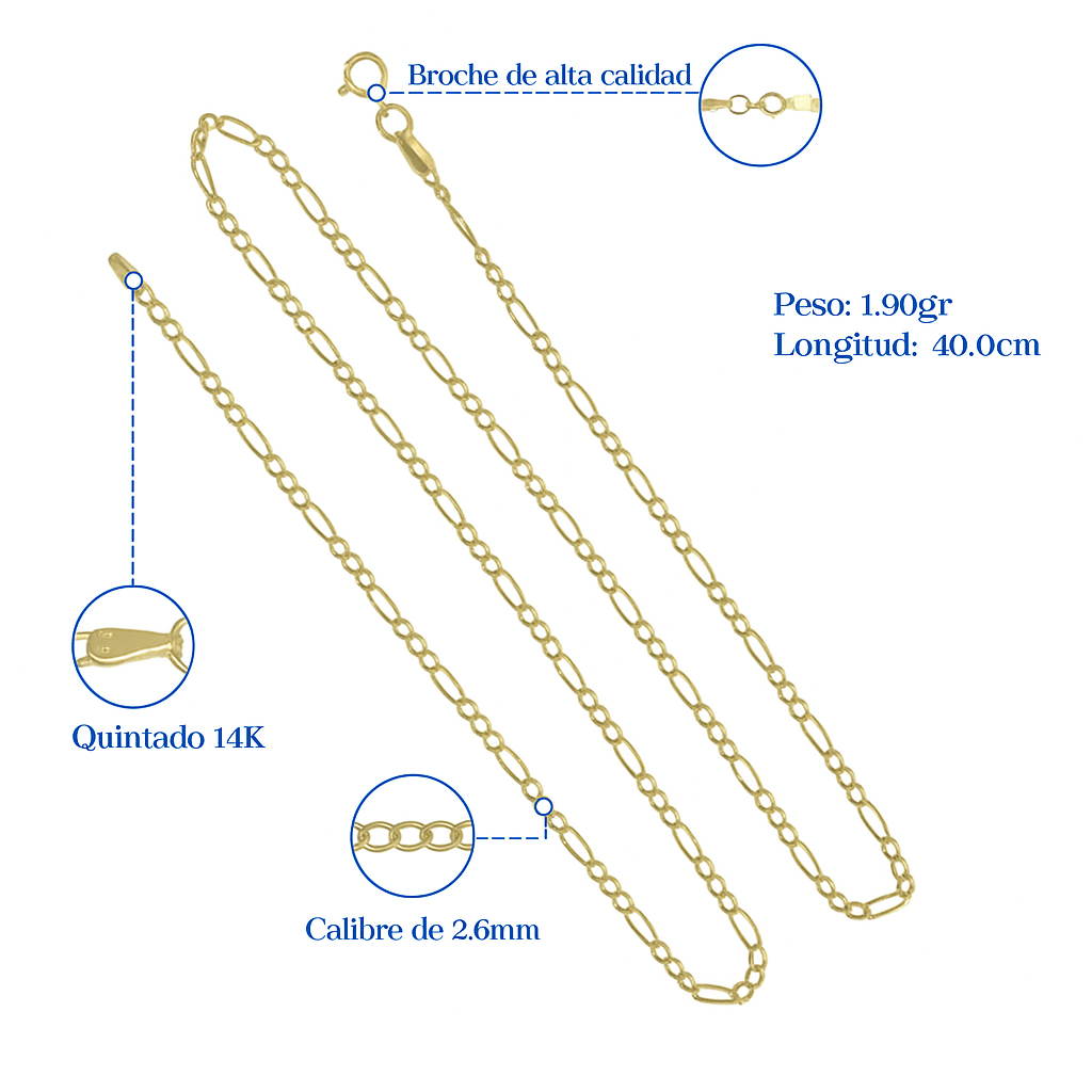 Cadena De Oro Italiano 14k, Estilo Figaro 3x1 Hueca