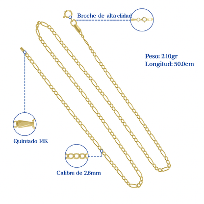 Cadena De Oro Italiano 14k, Estilo Figaro 3x1 Hueca