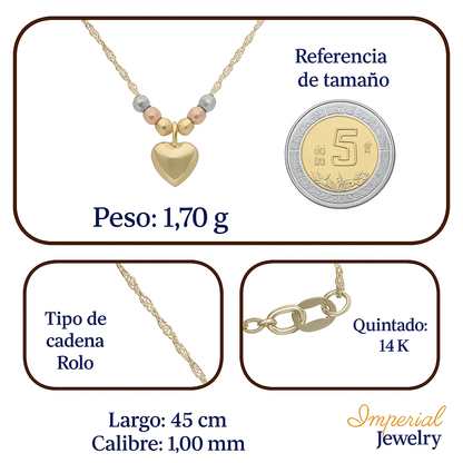 Gargantilla Italiana 14k o 10K De Corazón Inflado Y Bolas Tricolor