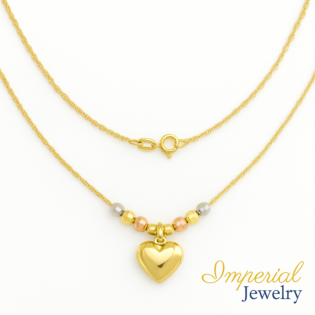 Gargantilla Italiana 14k o 10K De Corazón Inflado Y Bolas Tricolor