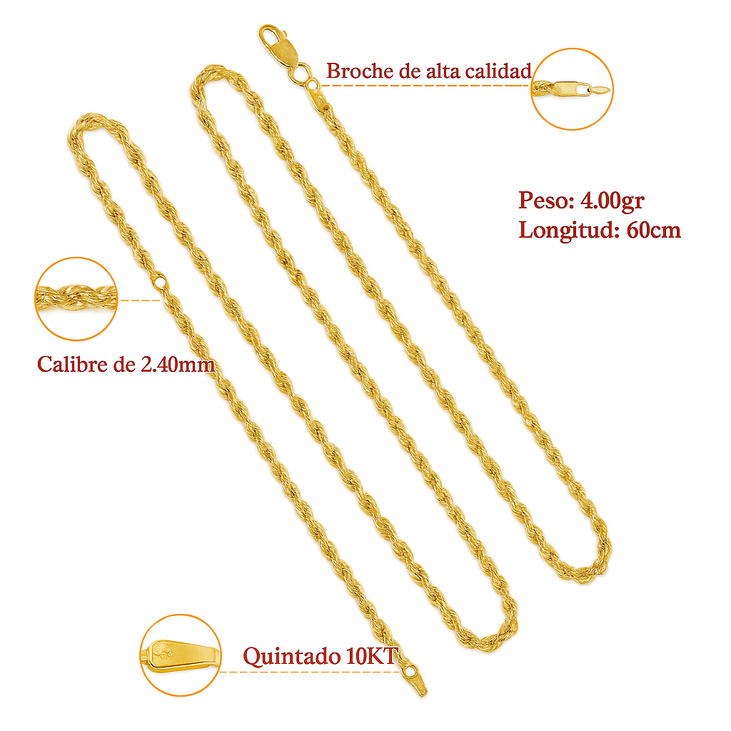 Cadena De Oro Hombre Italiano Torsal 10k Calibre 2.4mm