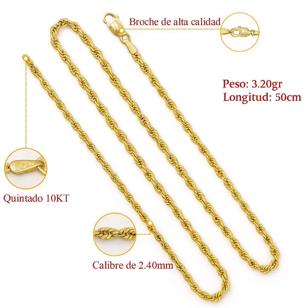 Cadena De Oro Hombre Italiano Torsal 10k Calibre 2.4mm