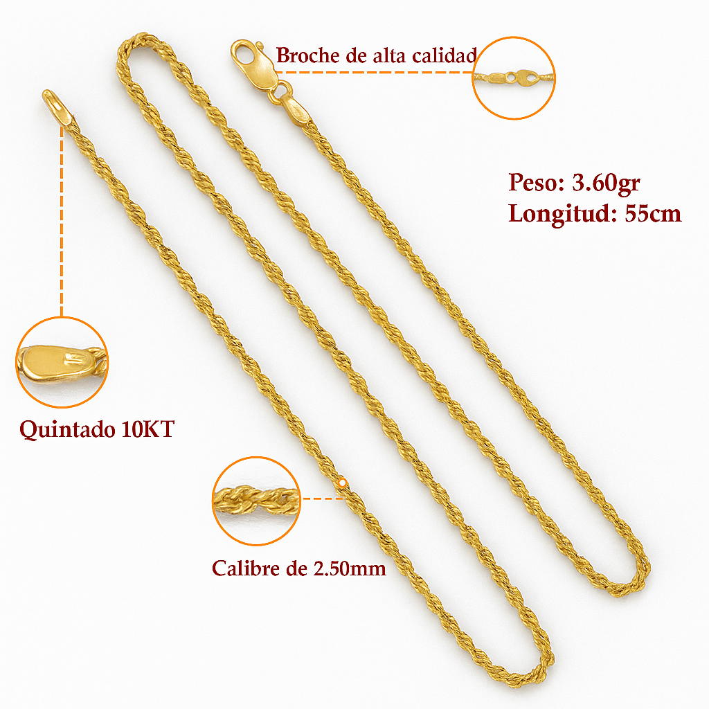 Cadena De Oro Hombre Italiano Torsal 10k Calibre 2.4mm