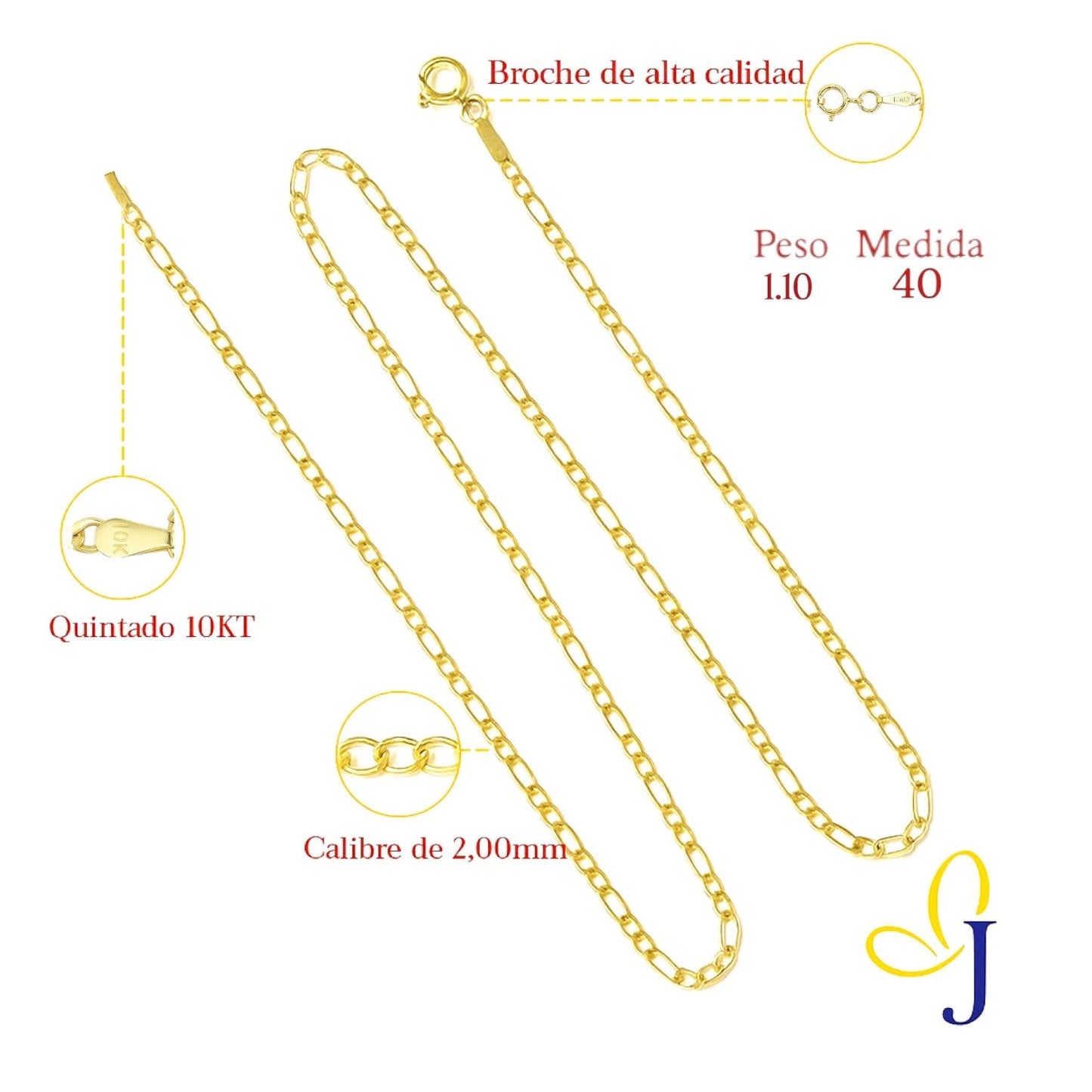 Cadena De Oro De 10k 3x1 Figaro Hueca Calibre 2.0mm