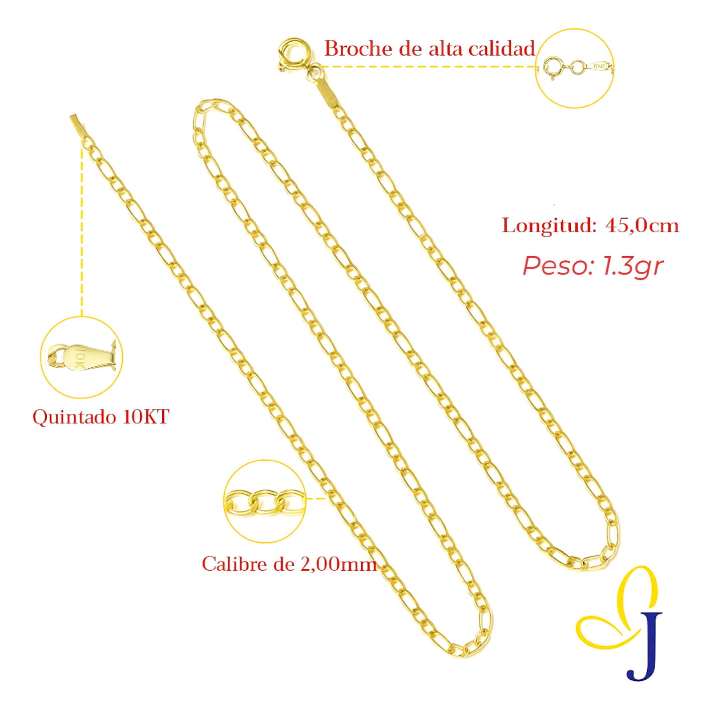 Cadena De Oro De 10k 3x1 Figaro Hueca Calibre 2.0mm