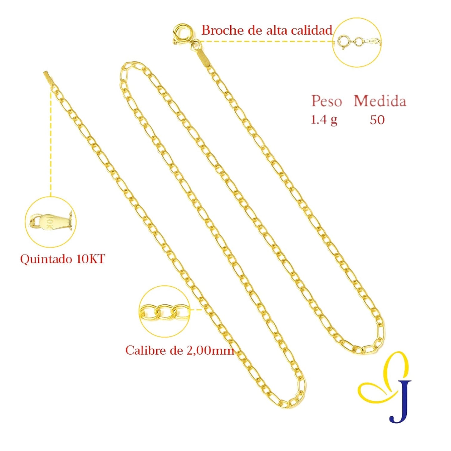 Cadena De Oro De 10k 3x1 Figaro Hueca Calibre 2.0mm
