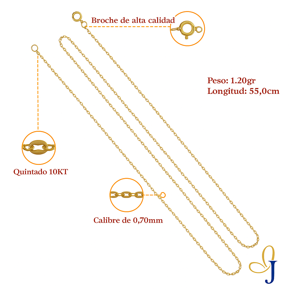 Cadena De Oro De 10k Rolo De 55 Cm Calibre 0.7mm