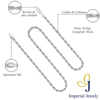 Cadena De Plata 925 Estilo Torsal De 45 Cm Calibre 3.3 Mm