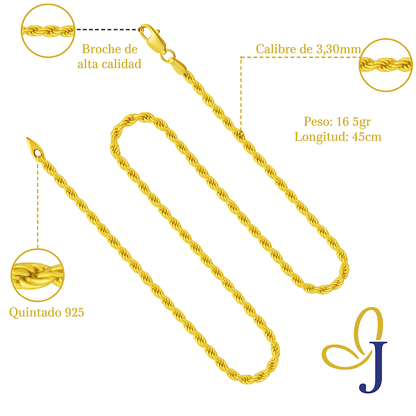 Cadena De Plata 925 Estilo Torsal De 45 Cm Calibre 3.3 Mm