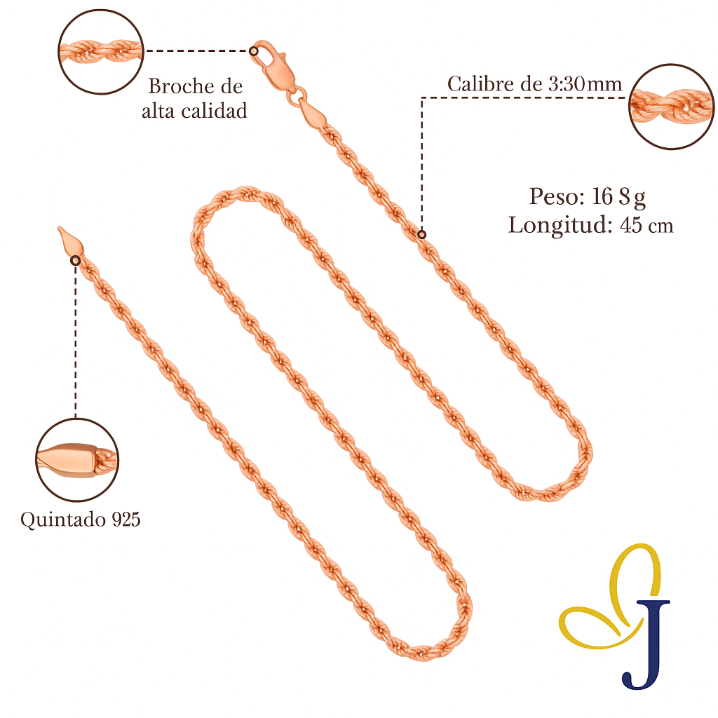 Cadena De Plata 925 Estilo Torsal De 45 Cm Calibre 3.3 Mm