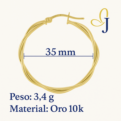 Arete Arracada Con Tubos Lisos Torcidos De Oro 10k, 35Mm