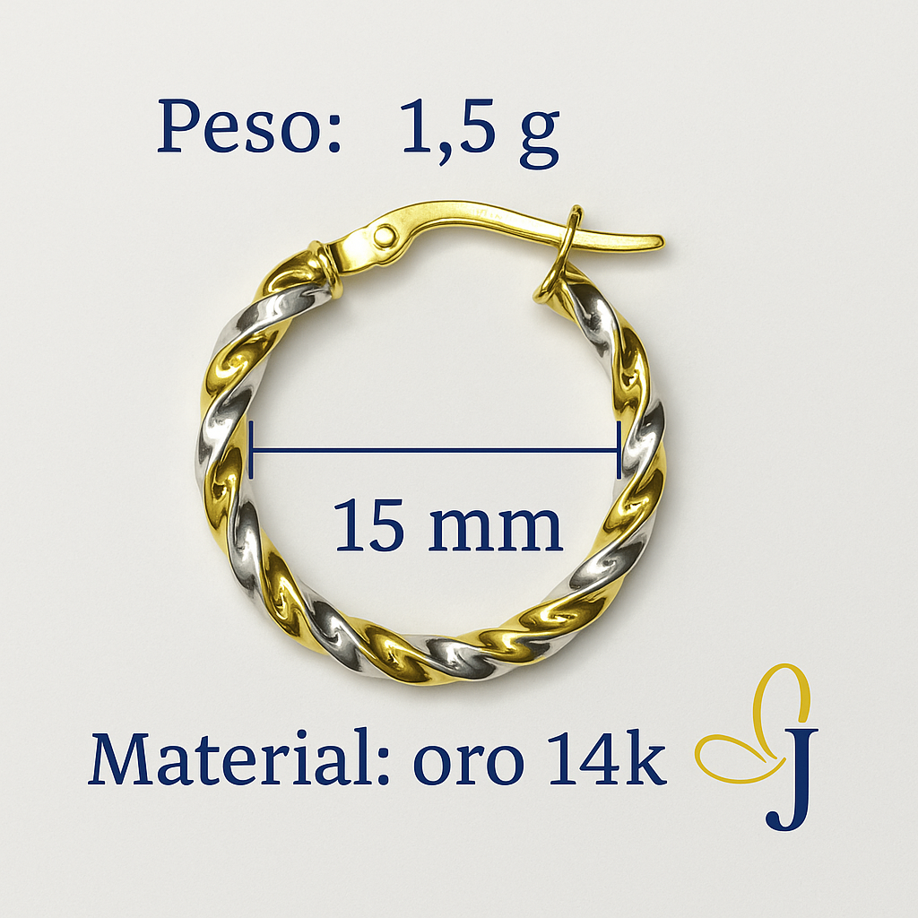 Arracadas con tubos torcidos de Oro Amarillo y Blanco de 14K