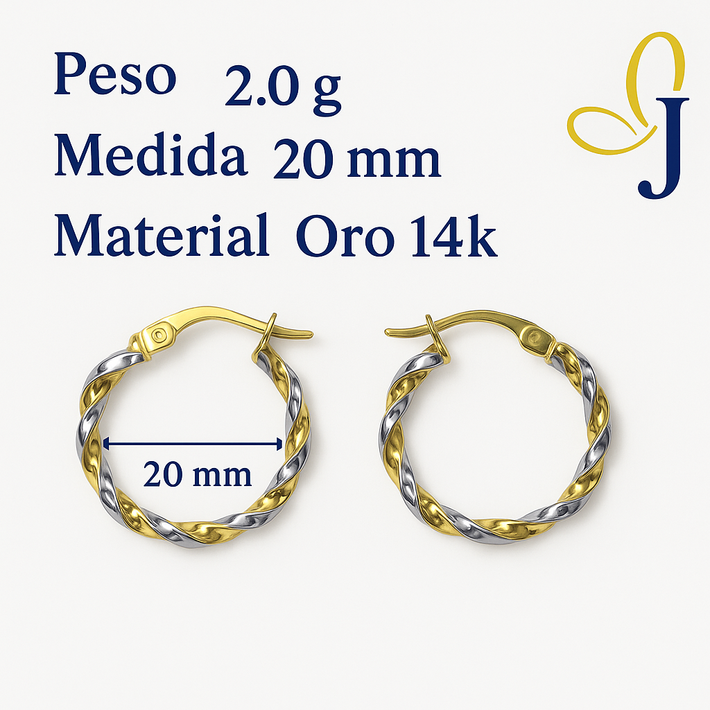 Arracadas con tubos torcidos de Oro Amarillo y Blanco de 14K