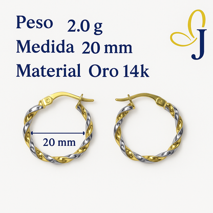 Arracadas con tubos torcidos de Oro Amarillo y Blanco de 14K