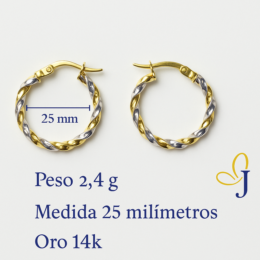 Arracadas con tubos torcidos de Oro Amarillo y Blanco de 14K