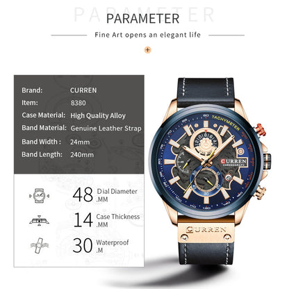 Reloj Curren Multifuncional True Tres Ojos Cronógrafo Correa De Cuero Impermeable 8380 XS