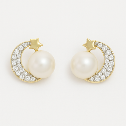 Aretes De Luna En Oro De 10k Con De Zirconia Y Perla