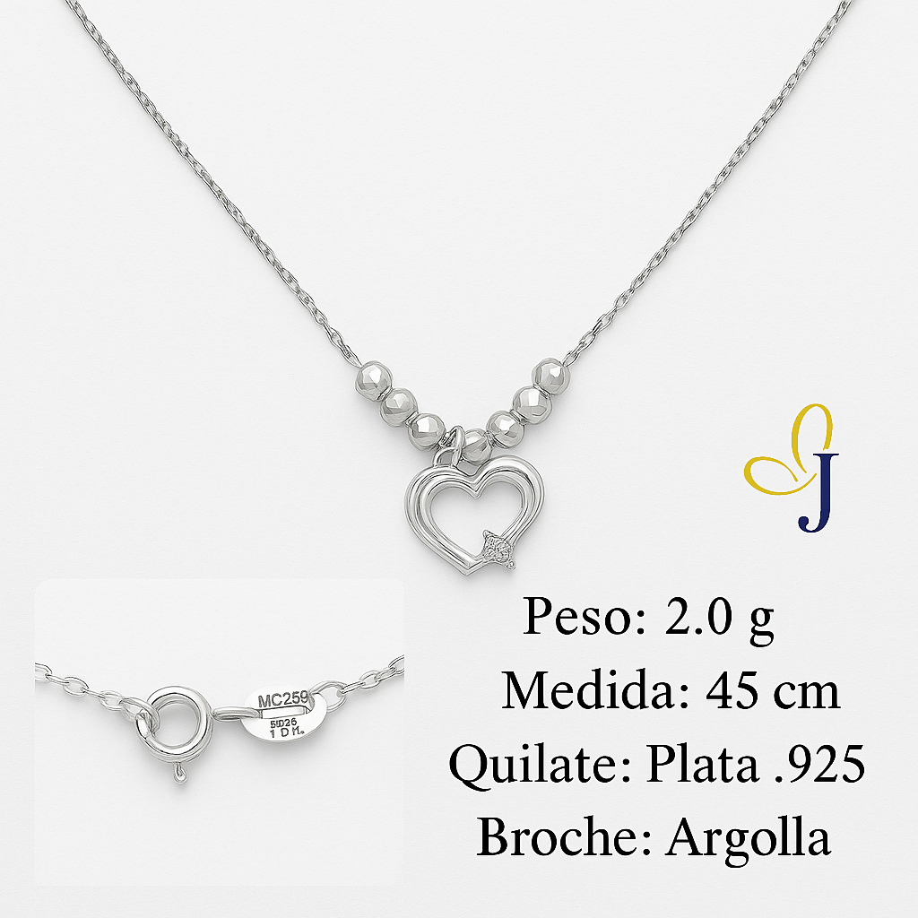 Collar De Corazon De Plata 925 Con Bola Diamantada De 45 Cm