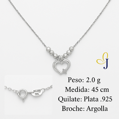 Collar De Corazon De Plata 925 Con Bola Diamantada De 45 Cm