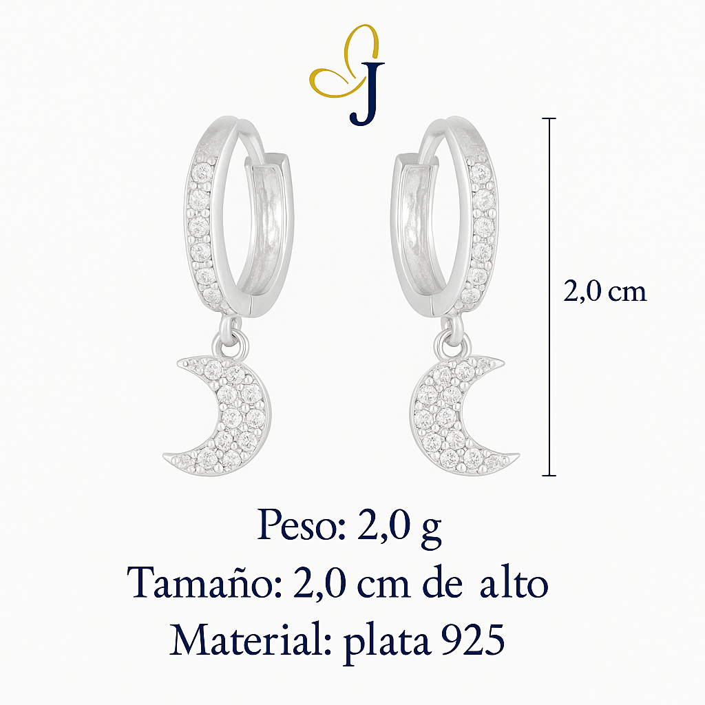 Arete Huggie De Plata 925 Con Colgate De Luna Y zirconias