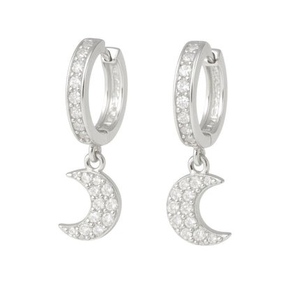 Arete Huggie De Plata 925 Con Colgate De Luna Y zirconias