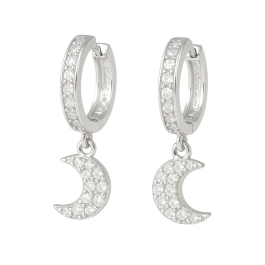 Arete Huggie De Plata 925 Con Colgate De Luna Y zirconias